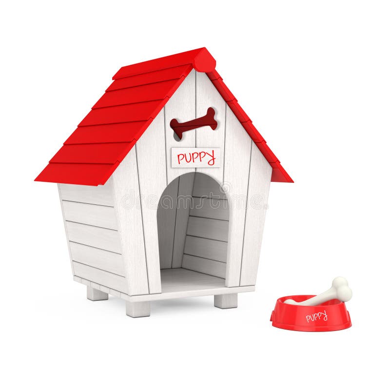 Dog Chew Bone in Red Plastic Bowl for Dog in front of Wooden Cartoon Dog House on a white background. 3d Rendering. Dog Chew Bone in Red Plastic Bowl for Dog in front of Wooden Cartoon Dog House on a white background. 3d Rendering